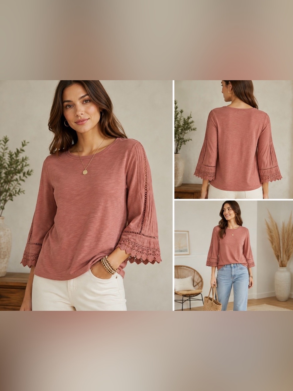 J.Jill XS Petite Rose Pink Crochet Lace Bell Sleeve Top Boho Cottagecore